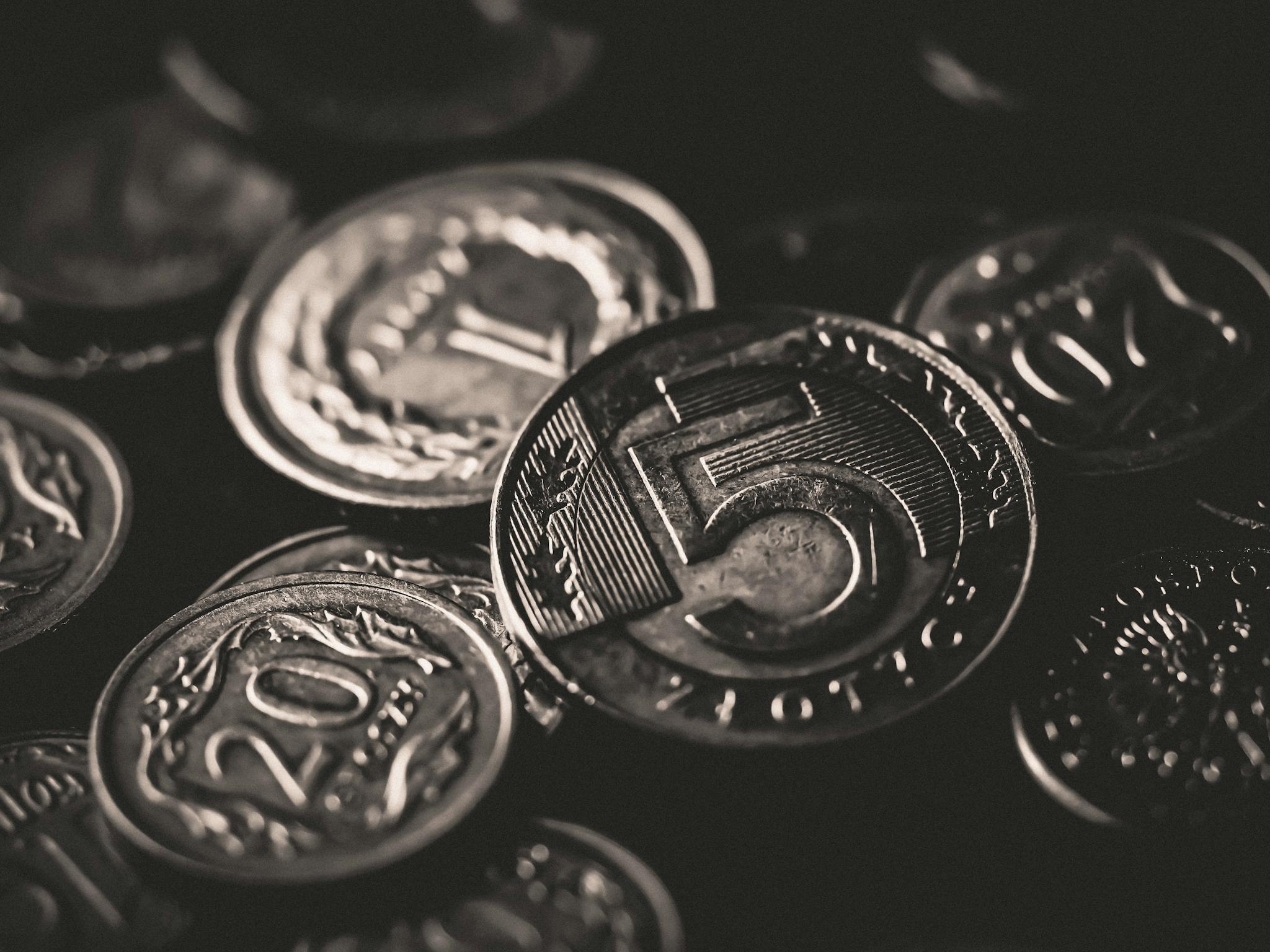 Detailed black and white close-up of assorted coins in grayscale.